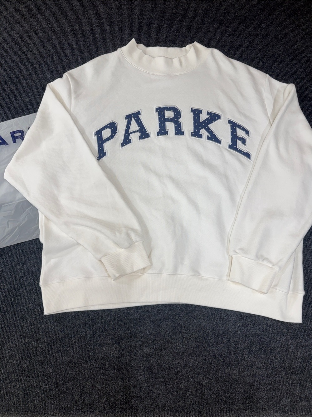 Parker Varsity Denim Polkadot White Crewneck Sweatshirt with Navy WhiteLettering